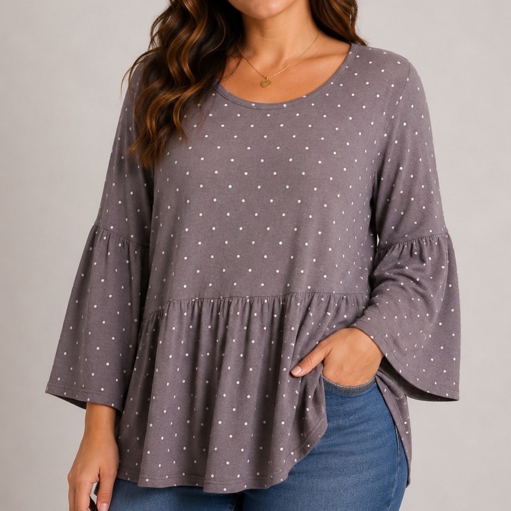 Matilda Jane Polka Dot Peplum‎ Top M Bell Sleeve Modal Stretch Boho Cottagecore